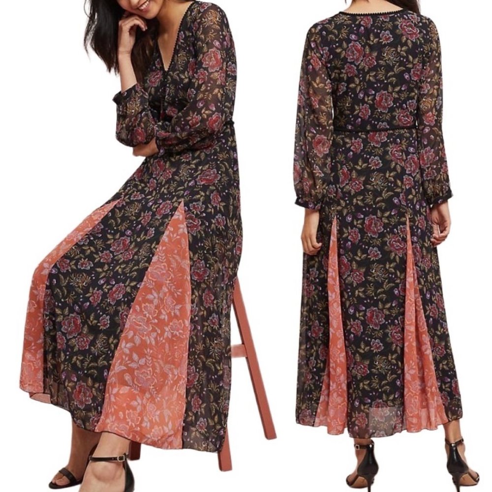 Anthropologie Laia Ines Floral Print Contrast Maxi Dress in Black Motif Size S